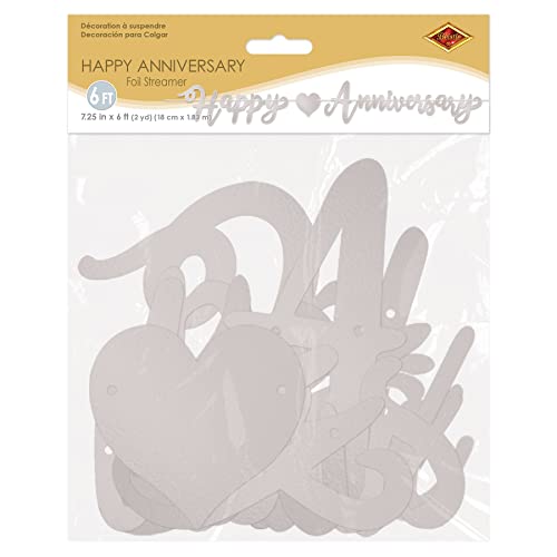 Beistle Foil Happy Anniversary Streamers 2 Piece, 7.5" x 6', Silver