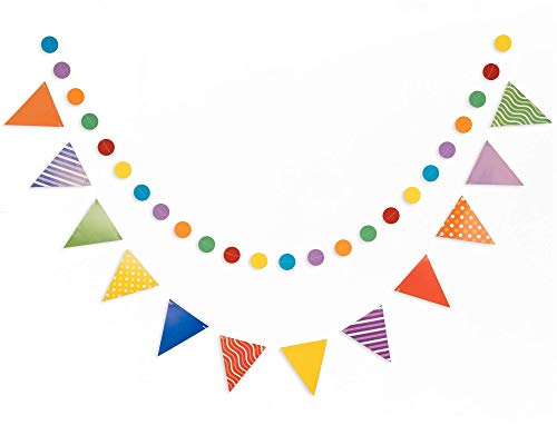 PapaKit Bundle - Happy Birthday Bunting Banner, Pennant and Circle Garland, and Origami Paper Fan Wall Decoration Set (Bright and Bold Colors)