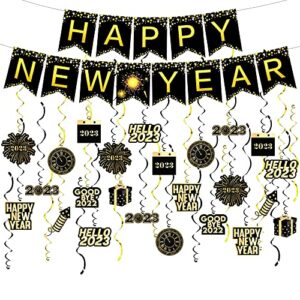 happy new year hanging swirl decorations | happy new year banner 2023 | new years hanging decorations, no diy | new years eve party supplies 2023 | happy new year backdrop for happy new year 2023