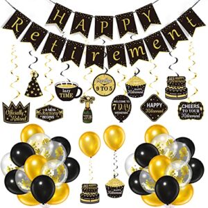 retirement party decorations set, happy retirement banner confetti balloon retirement party hanging swirls decorations kit for women retirement party indoor outdoor supplies (black and gold)