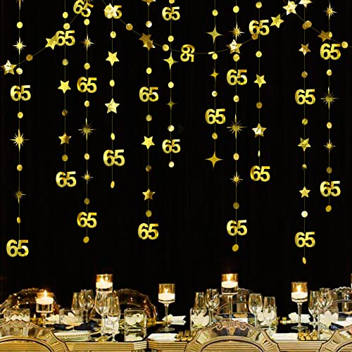 Gold 65th Birthday Decorations Number 65 Circle Dot Twinkle Star Garland Metallic Hanging Streamer Bunting Banner Backdrop for 65 Year Old Birthday Happy 65th Anniversary Sixy Five Party Supplies