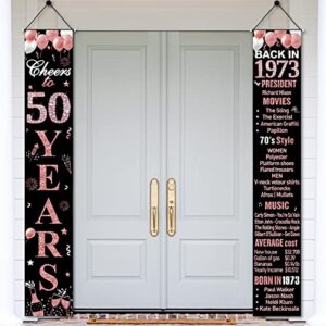 50th birthday door banner decorations for women, rose gold happy 50th birthday back in 1973 porch sign party supplies, fifty years old birthday decor for outdoor indoor