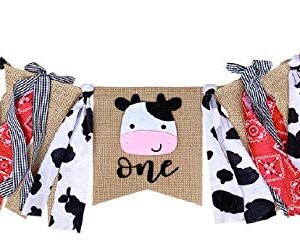 Farm ONE High Chair Banner for First Birthday, Barnyard Cow 1st Birthday Party Highchair Decoration