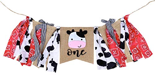 Farm ONE High Chair Banner for First Birthday, Barnyard Cow 1st Birthday Party Highchair Decoration