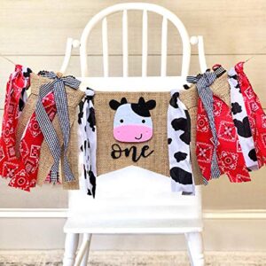 Farm ONE High Chair Banner for First Birthday, Barnyard Cow 1st Birthday Party Highchair Decoration