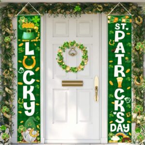 happy st patricks day banner, st patricks day door banner, green gold st patricks day porch sign for st patrick’s day party decorations, lucky st. patrick’s day banner for indoor outdoor tineit