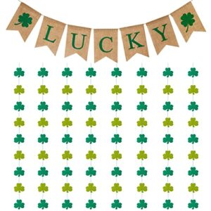 St Patricks Day Decorations, Lucky Shamrock Garland Banner, Patrick's Day Burlap Banners with 4 Glitter Shamrock Garland - NO DIY