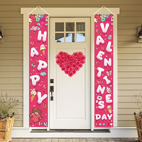 Valentine's Day Decorations Porch Sign for Front Door Gatherfun Red Pink Love Heart Outdoor Home Porch Décor Banner Welcome Sign Background for Valentine's Day Party