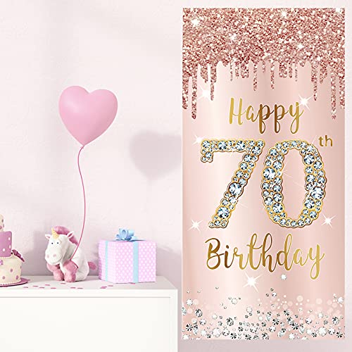 70th Birthday Door Banner Decorations for Women, Pink Rose Gold Happy 70th Birthday Door Cover Backdrop Party Supplies, Large Seventy Year Old Birthday Poster Sign Decor