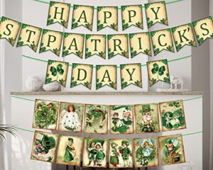 32 pcs vintage st. patrick’s day banner irish party decorations green shamrocks bunting garland for wall door fireplace mantle decor supplies rustic st. patrick’s day hanging bunting vintage party favors