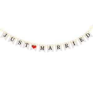 just married banner, wedding bunting banner with 8 flicker mode led fairy string light, hanging sign garland pennant photo booth props for bridal shower wedding engagement car party decoration
