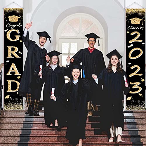 Graduation Party Decorations 2023 - Elegant Black and Gold Fabric Door Banner, Ideal Graduation Party Supply for Porch Decoration, Celebrate Your 2023 Graduation with This Beautiful Banner