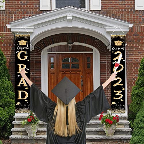 Graduation Party Decorations 2023 - Elegant Black and Gold Fabric Door Banner, Ideal Graduation Party Supply for Porch Decoration, Celebrate Your 2023 Graduation with This Beautiful Banner