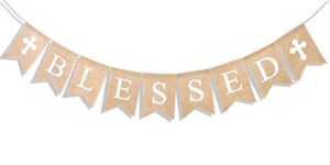 uniwish blessed burlap banner easter baptism decorations garland for home fireplace décor vintage rustic hanging sign party supplies