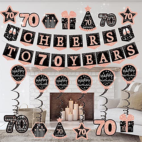 70th birthday decorations for women - (21pack) cheers to 70 years rose gold glitter banner for women, 6 paper Poms, 6 Hanging Swirl, 7 decorations stickers. 70 Years Old Party Supplies gifts for women
