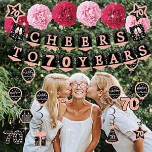 70th birthday decorations for women - (21pack) cheers to 70 years rose gold glitter banner for women, 6 paper Poms, 6 Hanging Swirl, 7 decorations stickers. 70 Years Old Party Supplies gifts for women