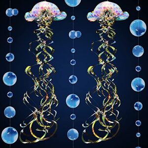nezyo 4 pieces glitter iridescent jellyfish hanging for under the sea party decorations jellyfish decor bubble garlands transparent blue for ocean mermaid party birthday wedding baby shower decor