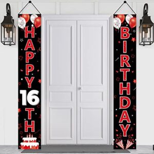 red and black 16th birthday decorations door banner for women, red black happy 16 birthday porch sign party supplies, sixteen year old birthday backdrop decor for outdoor indoor