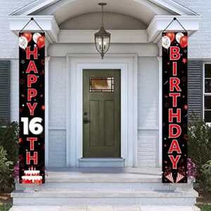 Red and Black 16th Birthday Decorations Door Banner for Women, Red Black Happy 16 Birthday Porch Sign Party Supplies, Sixteen Year Old Birthday Backdrop Decor for Outdoor Indoor