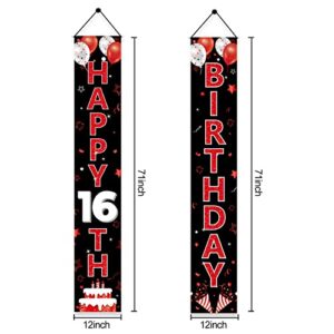 Red and Black 16th Birthday Decorations Door Banner for Women, Red Black Happy 16 Birthday Porch Sign Party Supplies, Sixteen Year Old Birthday Backdrop Decor for Outdoor Indoor