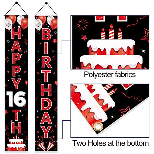 Red and Black 16th Birthday Decorations Door Banner for Women, Red Black Happy 16 Birthday Porch Sign Party Supplies, Sixteen Year Old Birthday Backdrop Decor for Outdoor Indoor