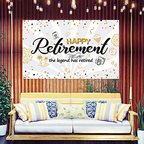 Happy Retirement Party Decorations,Extra Large Fabric Black Gold Sign Poster for Retirement Party Supplies,Happy Retirement Banner Retirement Party Photo Booth Backdrop Background Banner (White)