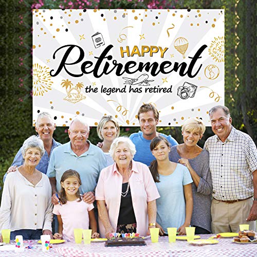 Happy Retirement Party Decorations,Extra Large Fabric Black Gold Sign Poster for Retirement Party Supplies,Happy Retirement Banner Retirement Party Photo Booth Backdrop Background Banner (White)