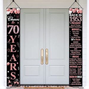 70th birthday door banner decorations for women, rose gold happy 70 birthday back in 1953 porch sign party supplies, 70 years old birthday decor for outdoor indoor