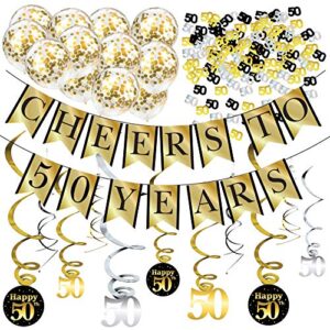 50th birthday and anniversary decorations party pack – cheers to 50 years banner, balloons, swirls and confetti party supplies