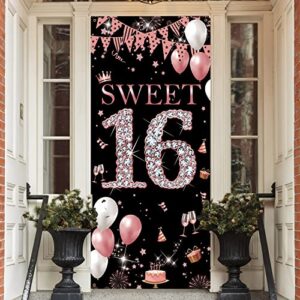 sweet 16 birthday door banner backdrop, happy 16th birthday decorations for girls, sweet sixteen door cover rose gold, 16 door poster sign birthday party supplies, 6.1ft x 3ft sturdy fabric phxey