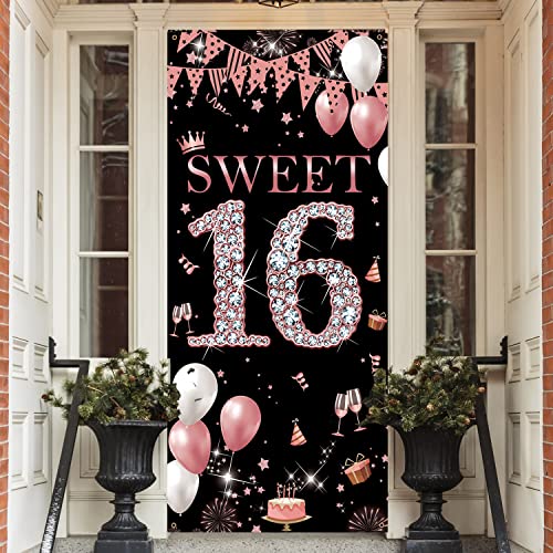 Sweet 16 Birthday Door Banner Backdrop, Happy 16th Birthday Decorations for Girls, Sweet Sixteen Door Cover Rose Gold, 16 Door Poster Sign Birthday Party Supplies, 6.1ft x 3ft Sturdy Fabric PHXEY