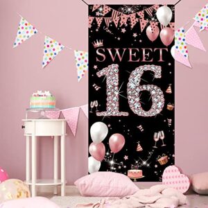 Sweet 16 Birthday Door Banner Backdrop, Happy 16th Birthday Decorations for Girls, Sweet Sixteen Door Cover Rose Gold, 16 Door Poster Sign Birthday Party Supplies, 6.1ft x 3ft Sturdy Fabric PHXEY