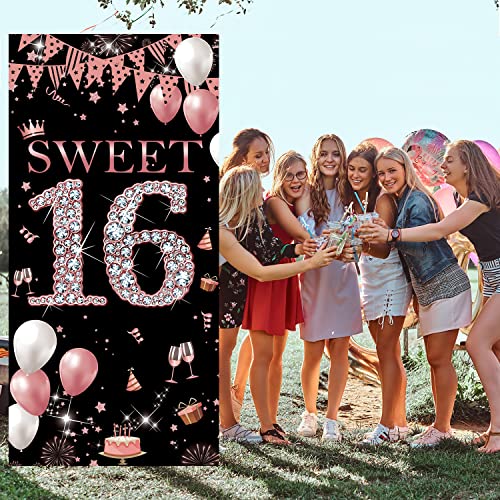 Sweet 16 Birthday Door Banner Backdrop, Happy 16th Birthday Decorations for Girls, Sweet Sixteen Door Cover Rose Gold, 16 Door Poster Sign Birthday Party Supplies, 6.1ft x 3ft Sturdy Fabric PHXEY