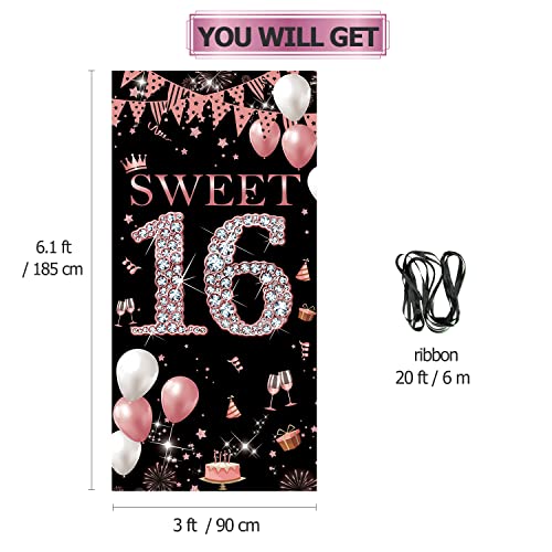 Sweet 16 Birthday Door Banner Backdrop, Happy 16th Birthday Decorations for Girls, Sweet Sixteen Door Cover Rose Gold, 16 Door Poster Sign Birthday Party Supplies, 6.1ft x 3ft Sturdy Fabric PHXEY