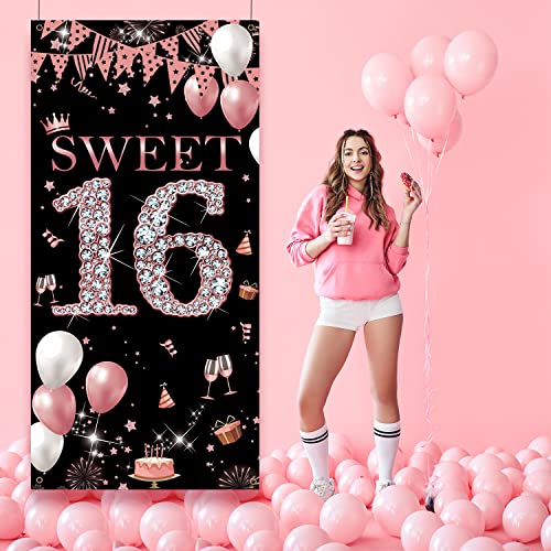 Sweet 16 Birthday Door Banner Backdrop, Happy 16th Birthday Decorations for Girls, Sweet Sixteen Door Cover Rose Gold, 16 Door Poster Sign Birthday Party Supplies, 6.1ft x 3ft Sturdy Fabric PHXEY