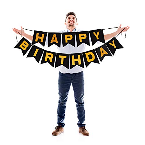 Happy Birthday Banner Black and Gold Glitter Letters on Thick Cardstock Paper Black Happy Birthday Bunting Garland for Birthday Photo Booth and Backdrop Hanging Party Supplies