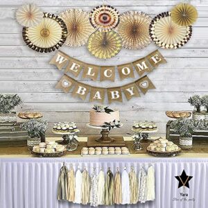 yara baby shower decorations neutral | woodland rustic boho theme oh baby decoration for girl & boy, gender reveal & birthdays | burlap welcome baby banner, gold & cream decor paper fans & tassels
