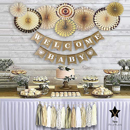 YARA Baby Shower Decorations Neutral | Woodland Rustic Boho Theme Oh Baby Decoration for Girl & Boy, Gender Reveal & Birthdays | Burlap Welcome Baby Banner, Gold & Cream Decor Paper Fans & Tassels
