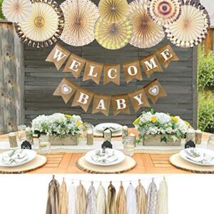 YARA Baby Shower Decorations Neutral | Woodland Rustic Boho Theme Oh Baby Decoration for Girl & Boy, Gender Reveal & Birthdays | Burlap Welcome Baby Banner, Gold & Cream Decor Paper Fans & Tassels