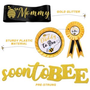 Bumble Bee Baby Shower Decoration Set, Soon to Bee A Family of Three Banner Mom to Bee Sash Daddy to Bee Badge Bee Themed Sprinkle Gender Reveal Pregnancy Announcement Honeycomb Party Supplies