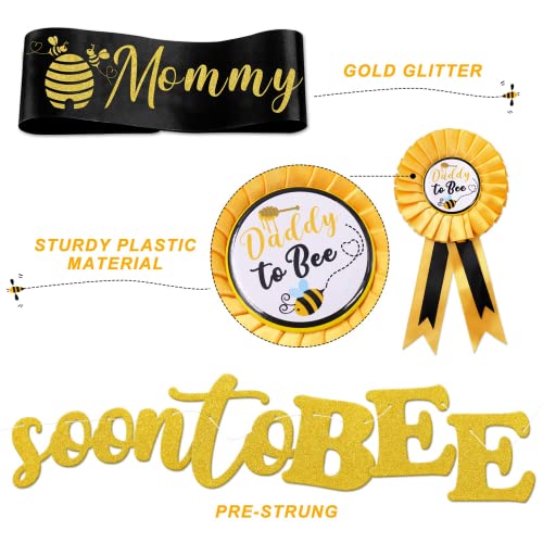 Bumble Bee Baby Shower Decoration Set, Soon to Bee A Family of Three Banner Mom to Bee Sash Daddy to Bee Badge Bee Themed Sprinkle Gender Reveal Pregnancy Announcement Honeycomb Party Supplies