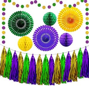 23pcs mardi gras banner garland decorations gold purple and green decorations honeycomb balls hanging paper fans metallic foil fringe for mardi gras decorations