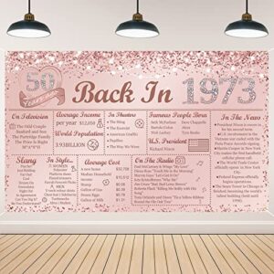 vlipoeasn 50th birthday decorations for women, rose gold glitter back in 1973 birthday backdrop banner, 70.86 x 43.3inch pink 50 years old party poster supplies