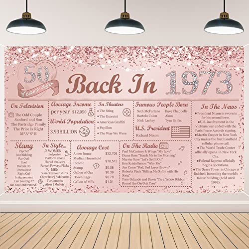 Vlipoeasn 50th Birthday Decorations for Women, Rose Gold Glitter Back in 1973 Birthday Backdrop Banner, 70.86 x 43.3Inch Pink 50 Years Old Party Poster Supplies