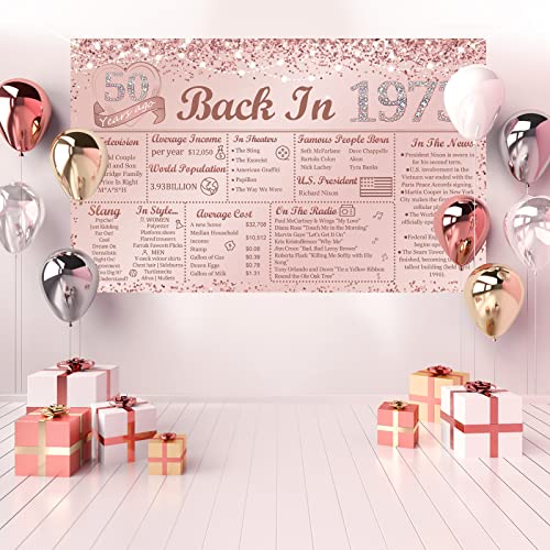 Vlipoeasn 50th Birthday Decorations for Women, Rose Gold Glitter Back in 1973 Birthday Backdrop Banner, 70.86 x 43.3Inch Pink 50 Years Old Party Poster Supplies