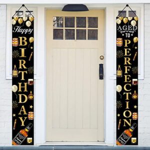 whiskey happy birthday door banner decorations for men, black gold whiskey themed happy birthday & aged to perfection party sign supplies, cheer and beer themed happy birthday photo booth props decor for indoor outdoor