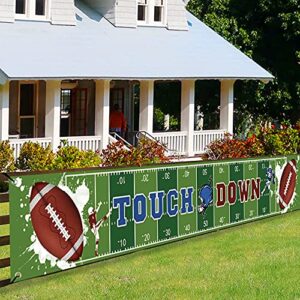 large football themed birthday party banner, super bowl sunday game day sports fan supplies, football photo backdrop hanging decorations （9.8 x 1.5 ft)
