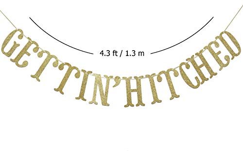 Gettin' Hitched Gold Gliter Banner, Fun Engagement, Bachelorette Party Decorations (Gold)