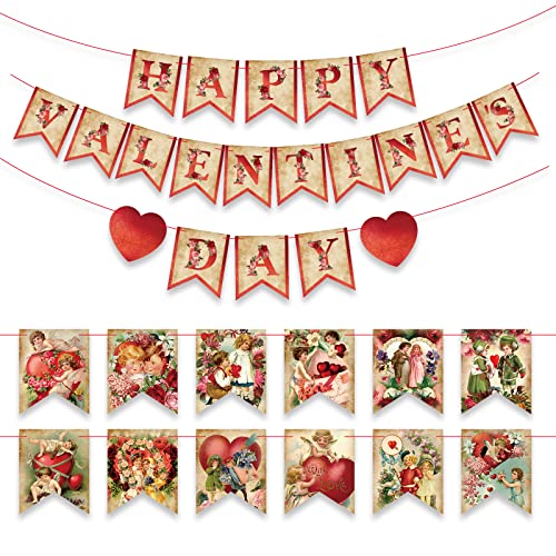 32 Pcs Valentine's Day Banner Vintage Valentine Party Decorations Romantic Bunting Garland for Wall Door Fireplace Mantle Decor Supplies Rustic Valentine's Day Hanging Bunting Vintage Party Favors