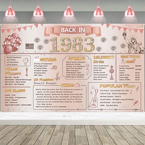 DARUNAXY Rose Gold Back in 1983 Banner, Happy 40th Birthday Party Decorations 40 Year Old Backdrop Party Supplies Pink and Gold Vintage 1983 Birthday Poster for Girls Photography Background for Women